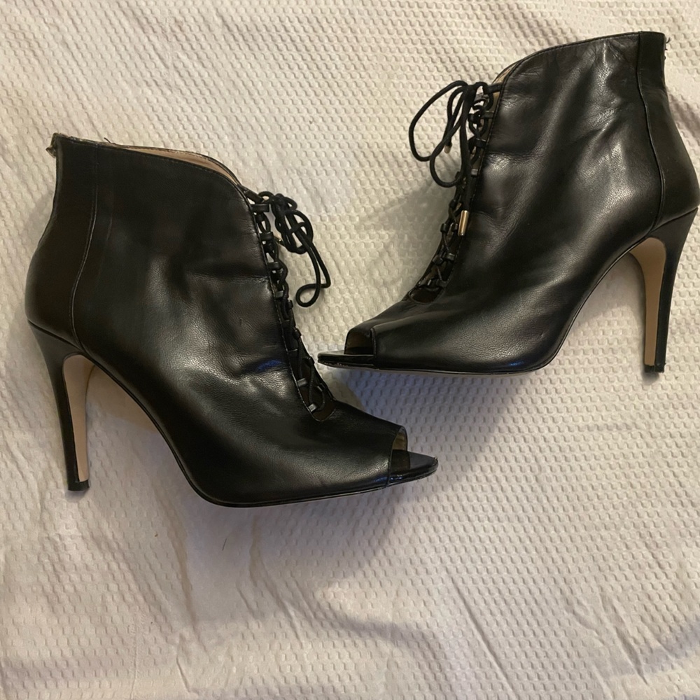 Black soft leather open toe ankle boots